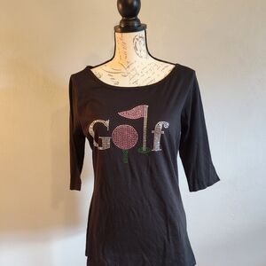 District Black 3/4 Sleeve Tee with Rhinestone Golf Design